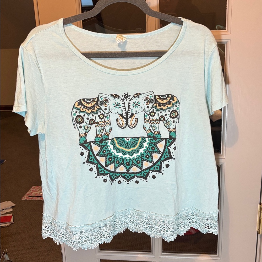 Elephant Print Lace Trim Women's Top